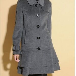 Guess Grey Ruffled Layer Hem Wool Blend Button Down Belted Cuff Pea Coat